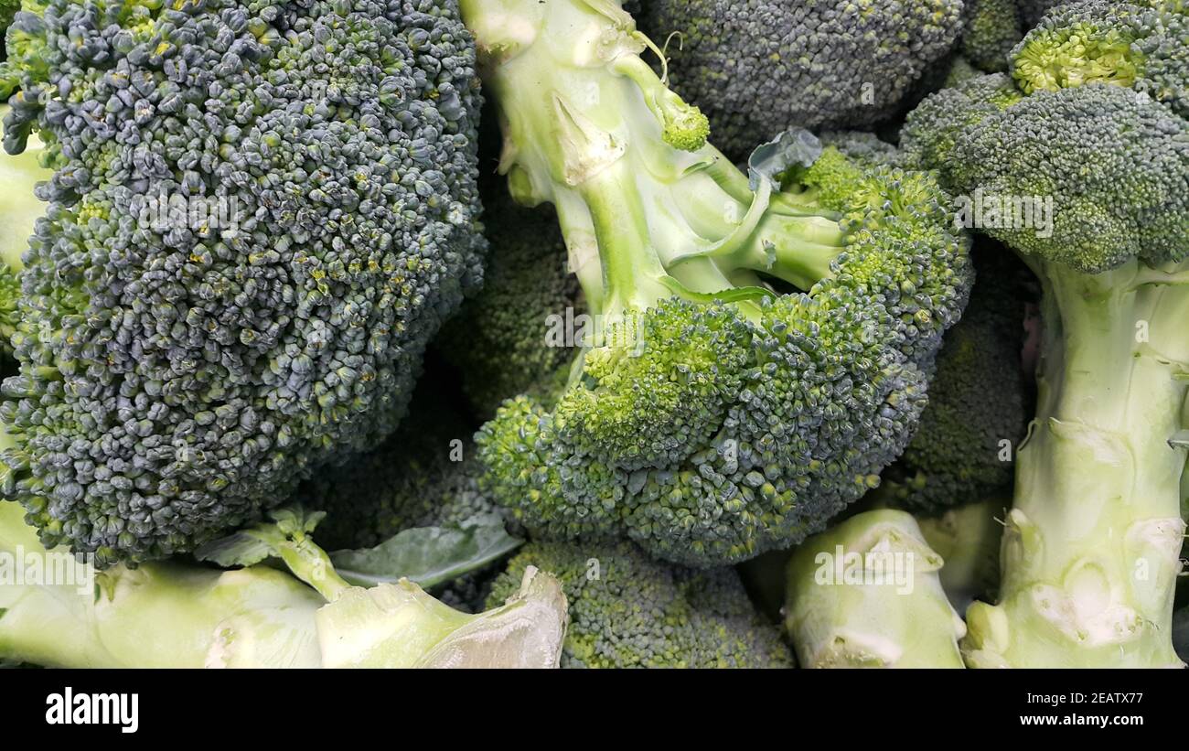 Green fresh broccoli pile placed in market for sale. Stock Photo