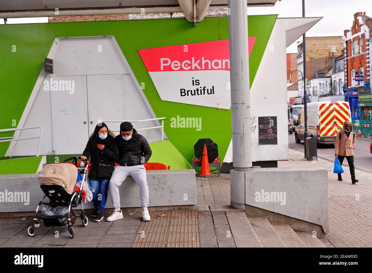 Peckham - London (UK), 10.02.2021: A sign, reading 'Peckham is Brutifuk', is displayed in the centre of Peckham. Stock Photo