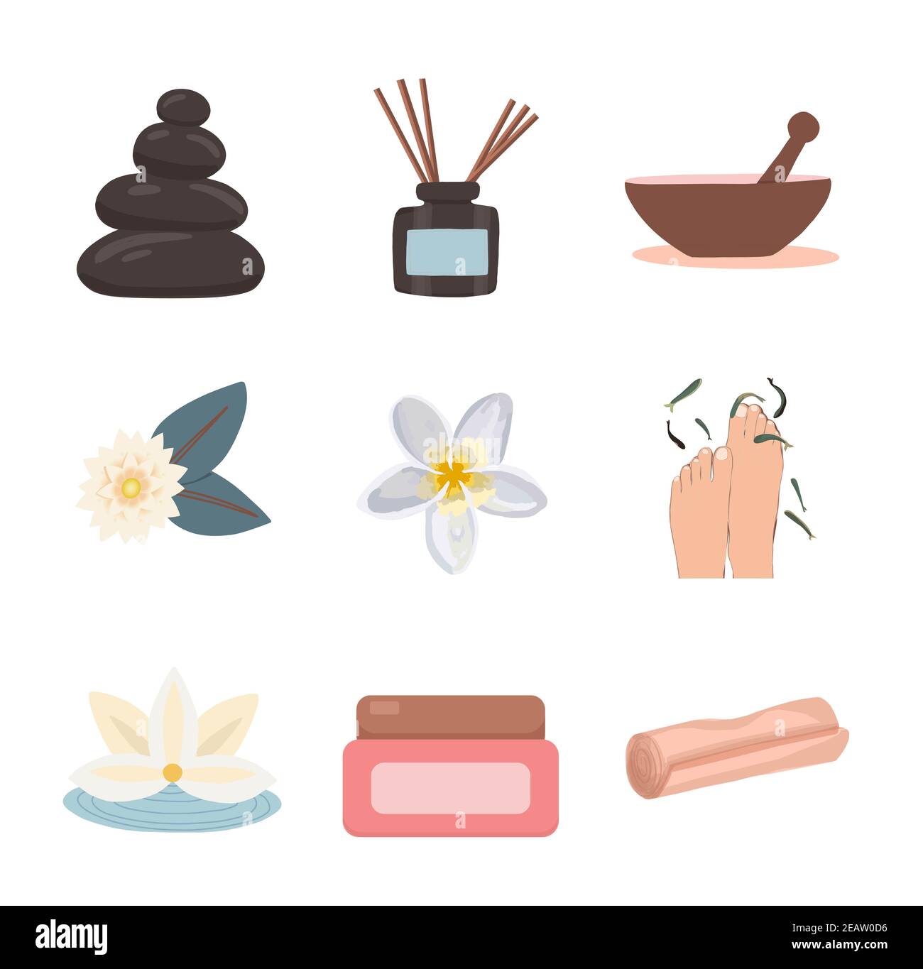 Set of flat vector illustrations of spa service. Items for spa treatments. Wellness center package of procedures and equipment. Hot stone massage, foot bath and green tea. Aromatherapy and fish peelin. Stock Photo