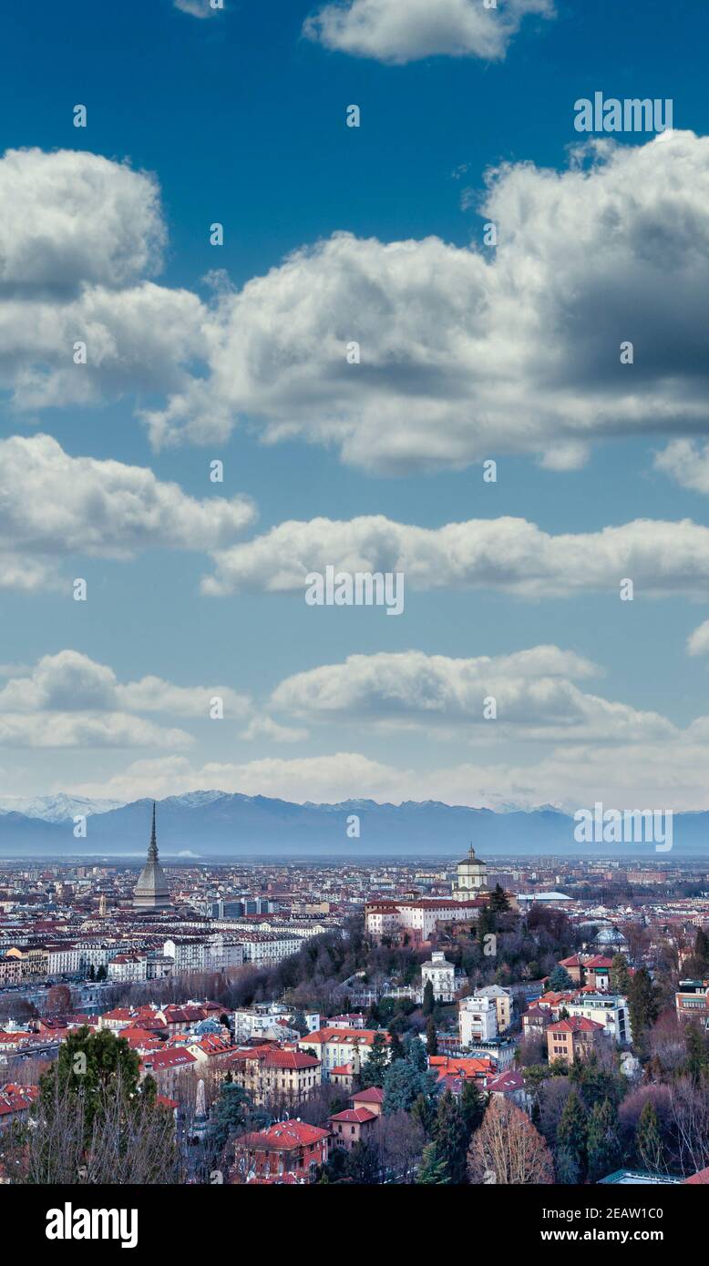 Turin panoramic skyline at sunset with Alps in background Stock Photo ...