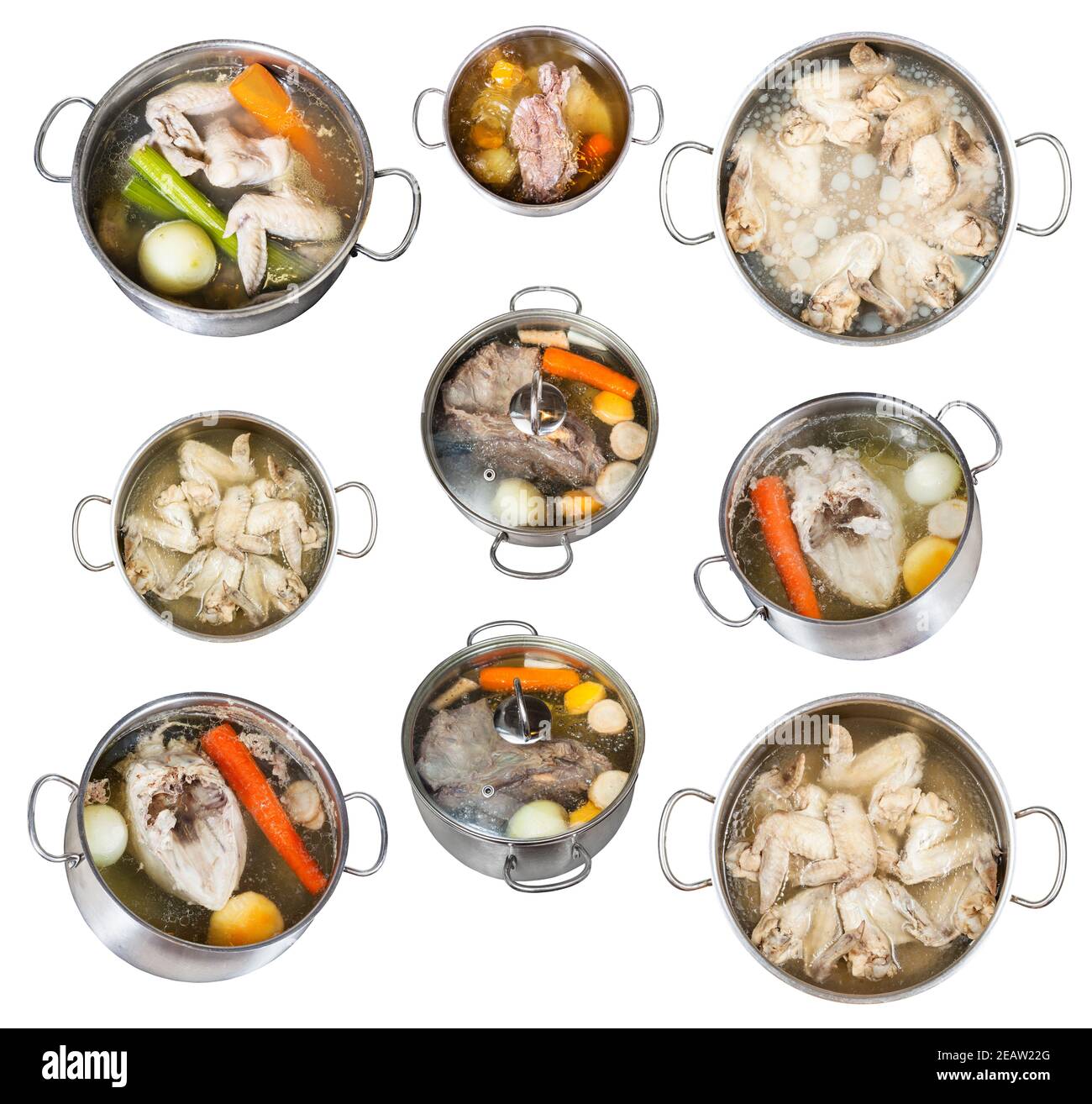 set of cooking broth in steel stewpot isolated Stock Photo - Alamy