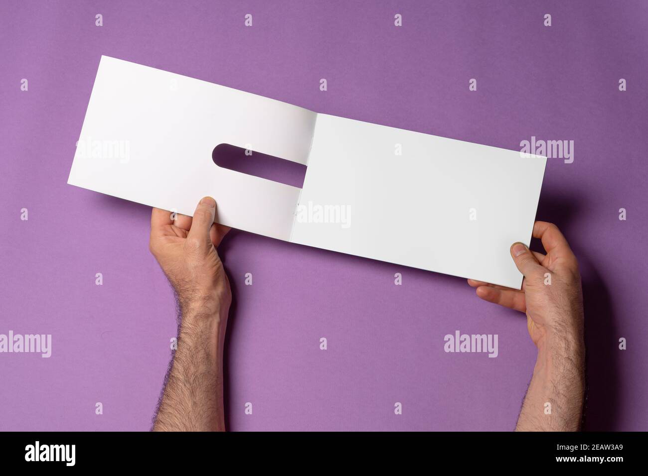 Male hands holding a catalog with blank pages on purple background mock