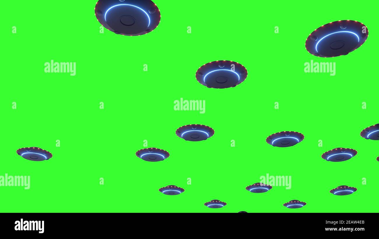 UFO alien spaceships flying in formation, military invasion. Green
