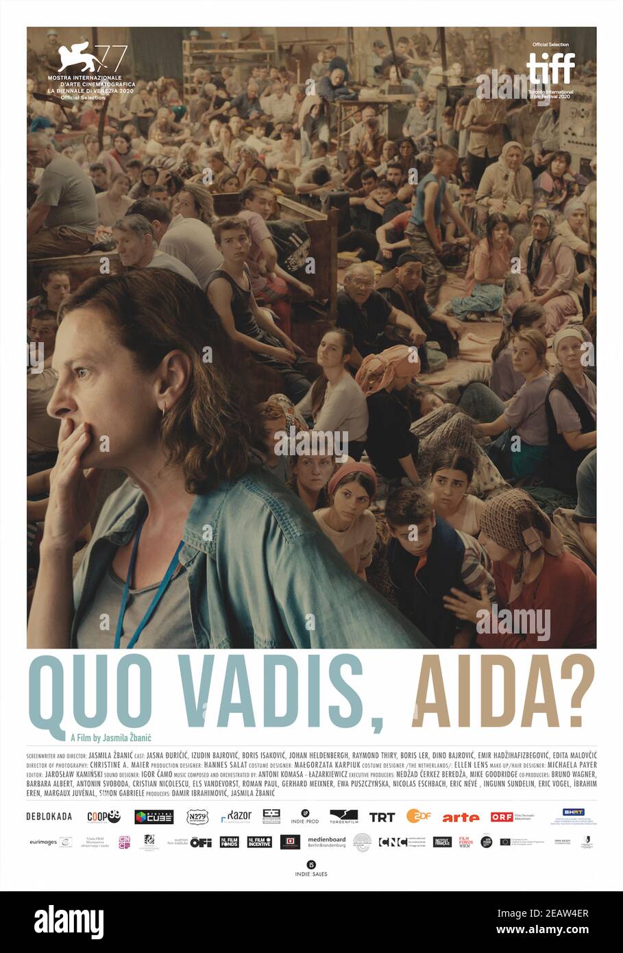 Quo vadis, Aida? (2020) directed by Jasmila Zbanic and starring Jasna Djuricic, Izudin Bajrovic and Boris Ler . Bosnian film about a UN translator in the small town of Srebrenica when the Serbian army arrives. Stock Photo