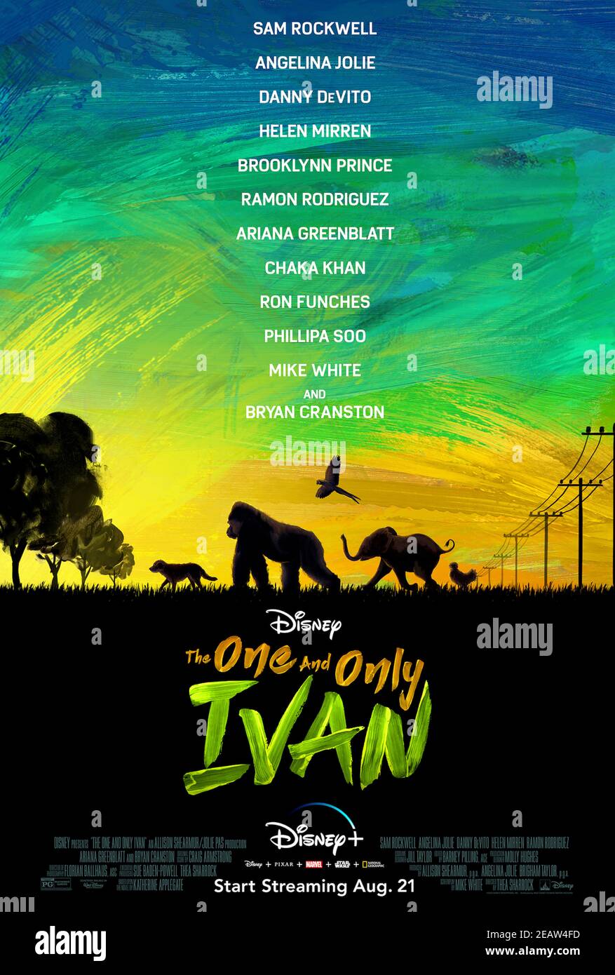 The One and Only Ivan (2020) directed by Thea Sharrock and starring Sam Rockwell, Bryan Cranston and Phillipa Soo. A gorilla named Ivan tries to piece together his past with the help of an elephant named Ruby as they hatch a plan to escape from captivity. Stock Photo