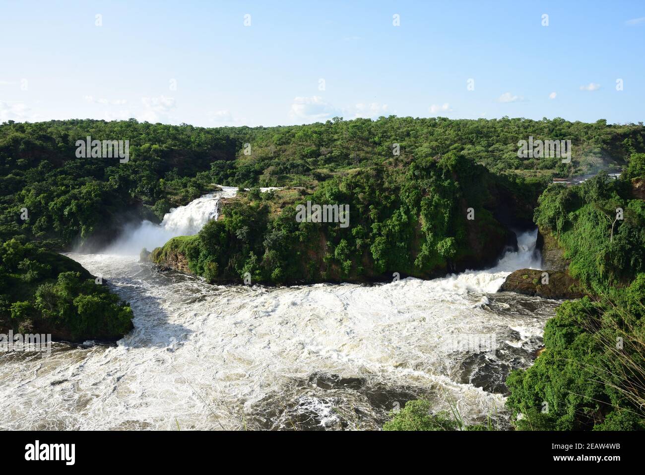 Murchison Falls National Park Uganda Panorama picture, Waterfall green forest with white water, rocks, roaring water Stock Photo