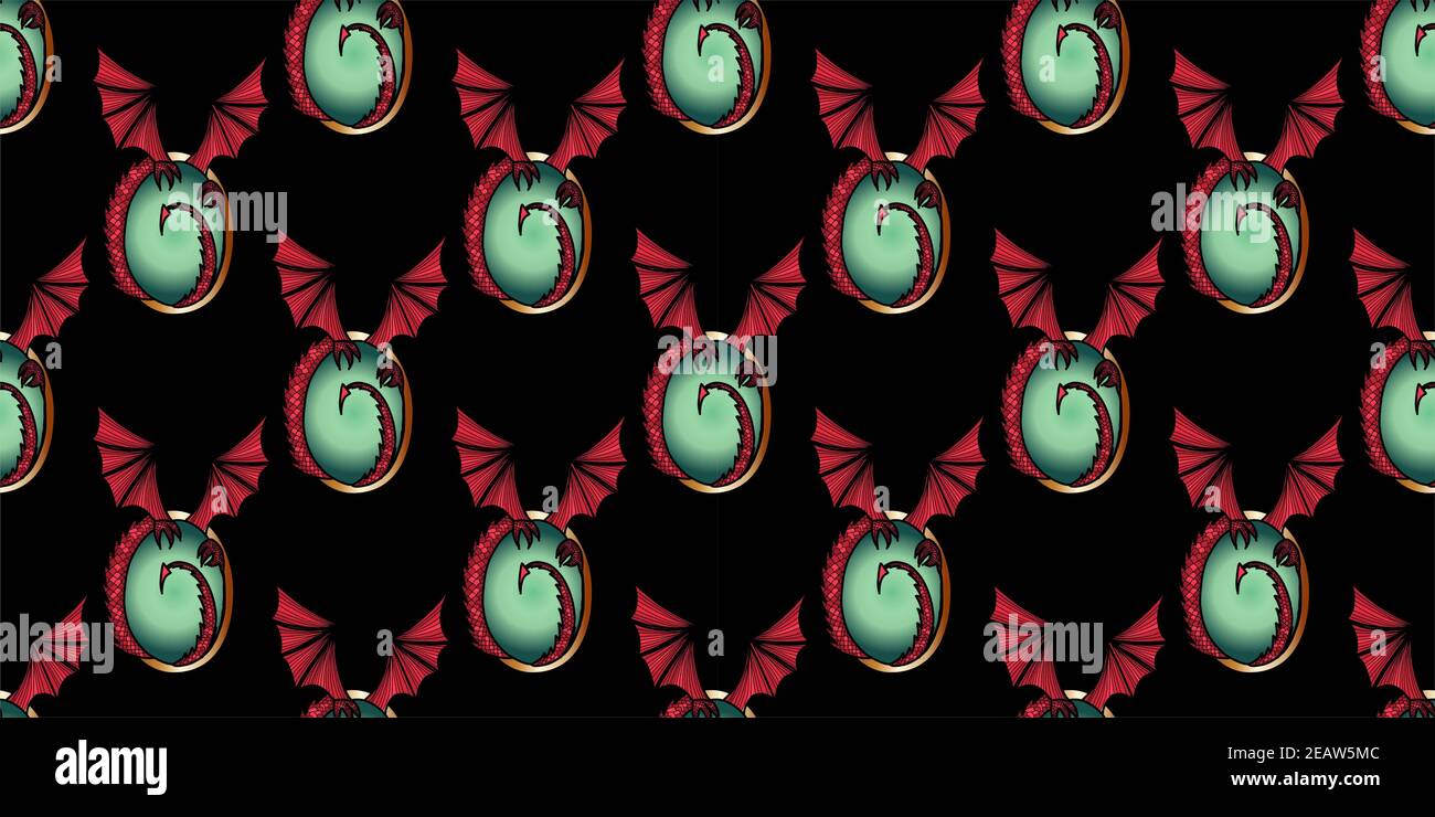 Pattern with dragons on a black background. Red dragon wings Magic mystical pattern. Halloween Stock Photo