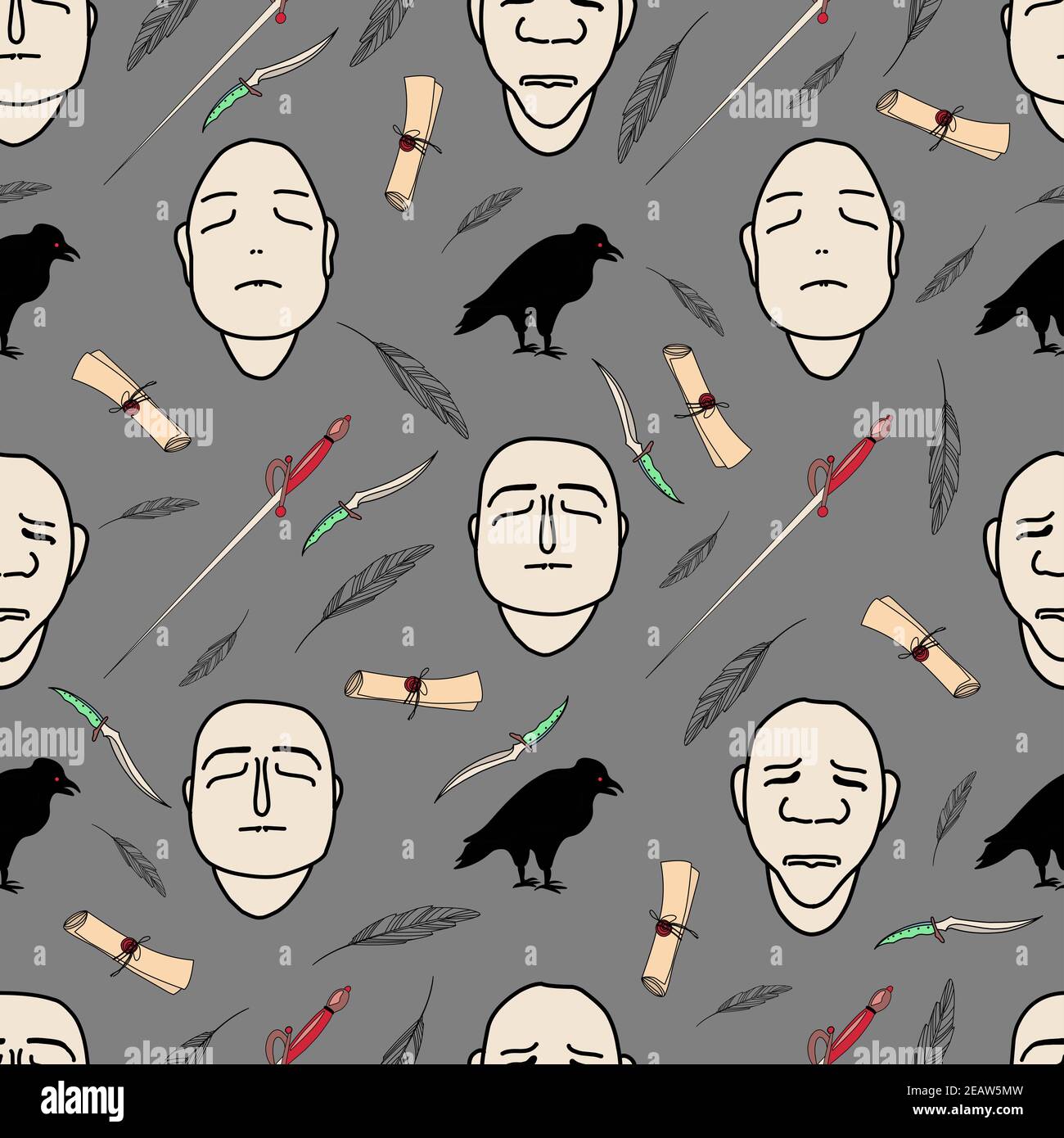 magic pattern with faces, scroll and black raven. illustration ...