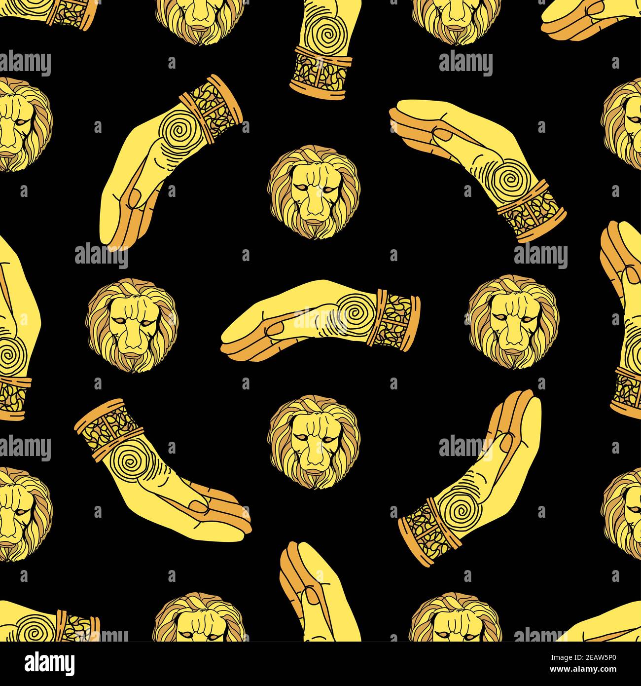 Magic pattern. gold hand prosthesis. Golden lion mask on a black background Stock Photo