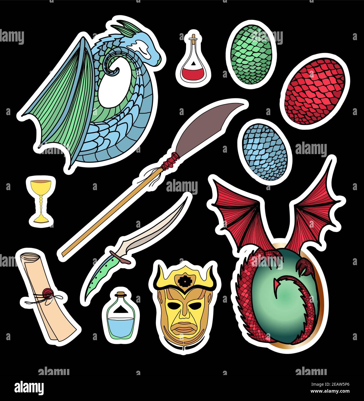 Symbols of the seven kingdoms. Magic stickers Stock Photo