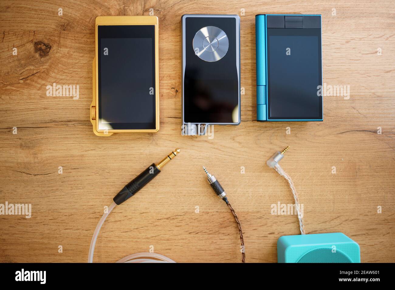 Phones and jack connectors on counter, audio store Stock Photo Alamy