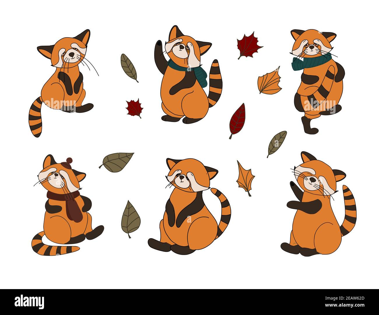 Little panda, red panda, cat bear. Character cute beast. Funny animals. Autumn decoration. illustration isolated on white background Stock Photo