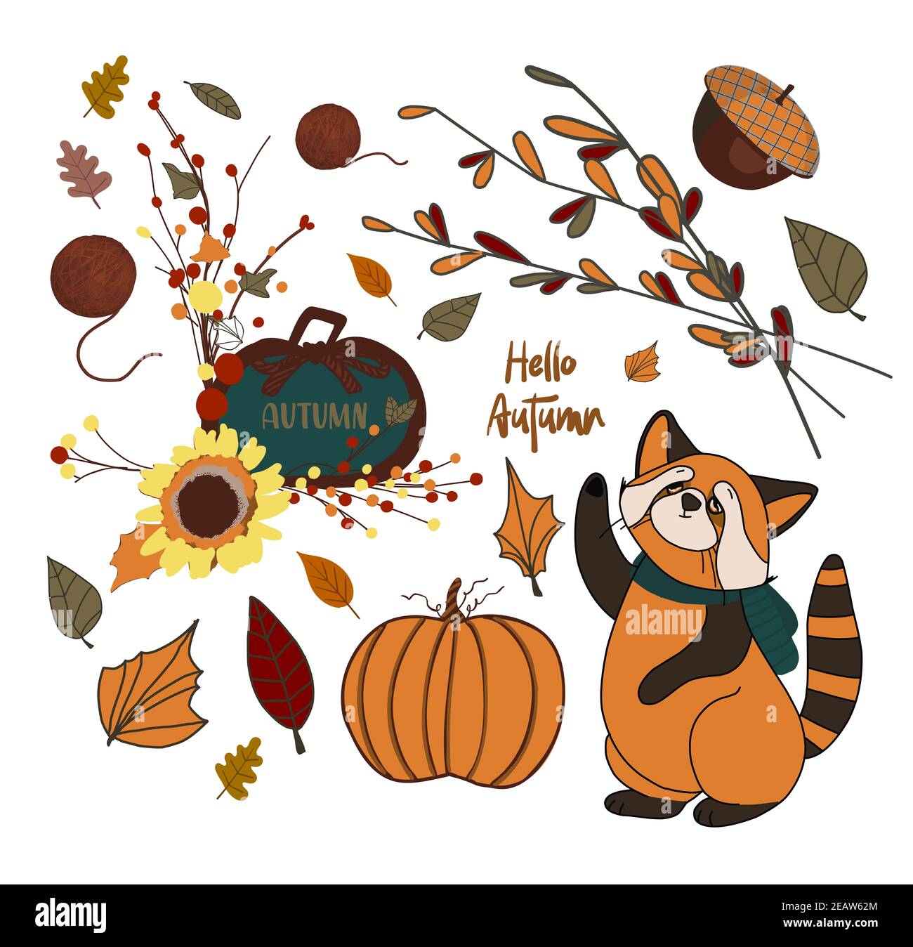 Set of cute autumn cartoon characters, plants and food. Fall season. Collection of scrapbook elements for party, harvest festival or Thanksgiving day Stock Photo