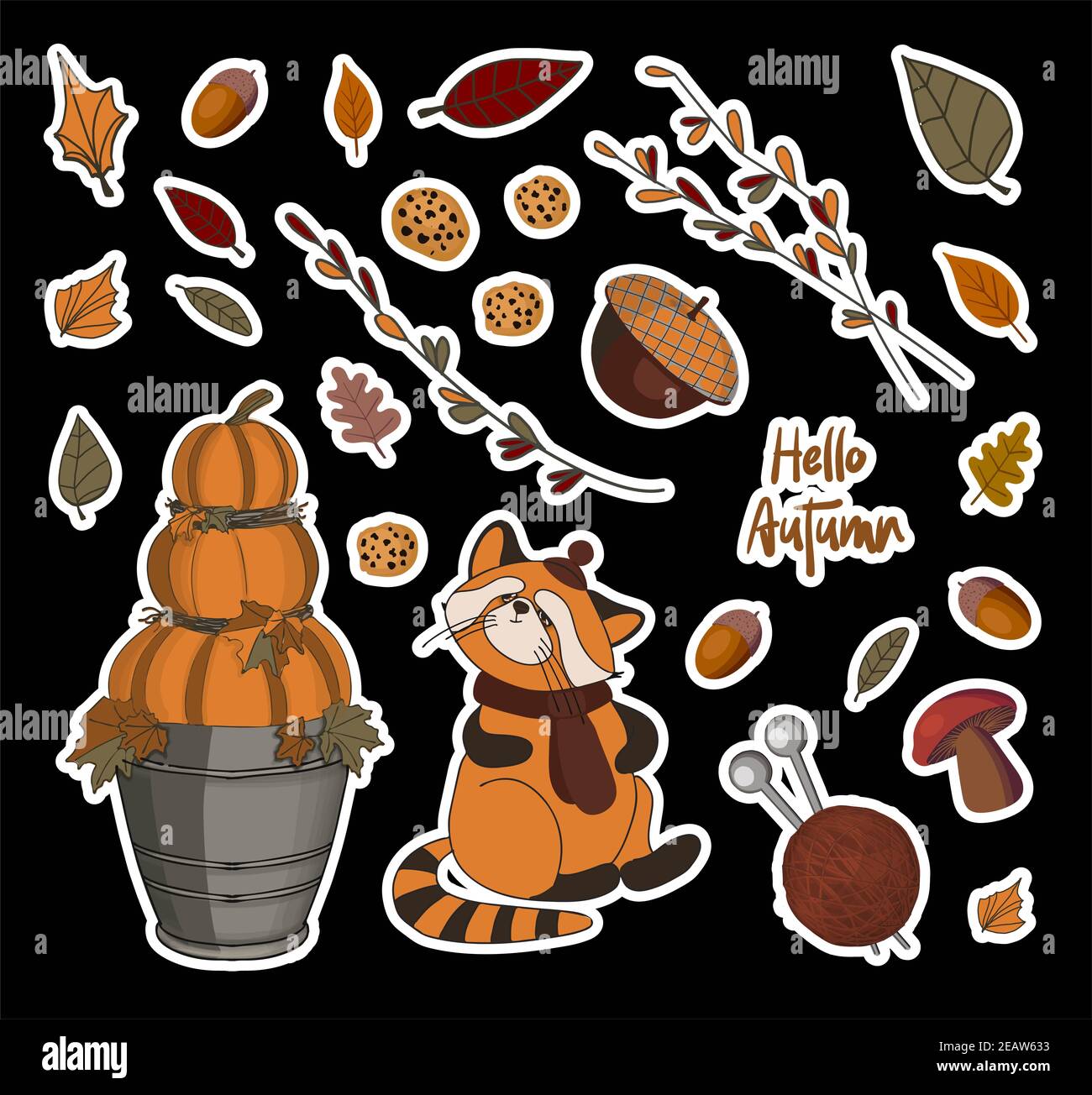 autumn set of stickers. PUMPKINS AND BRANCHES. Autumn leaves. Children's print for textiles and clothing. Product design Stock Photo