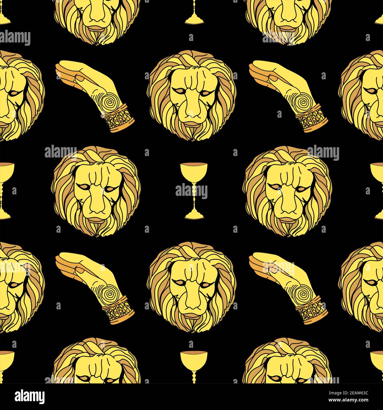 pattern mysticism and magic. Lion head and golden hand. Black background. Halloween background. Stock Photo