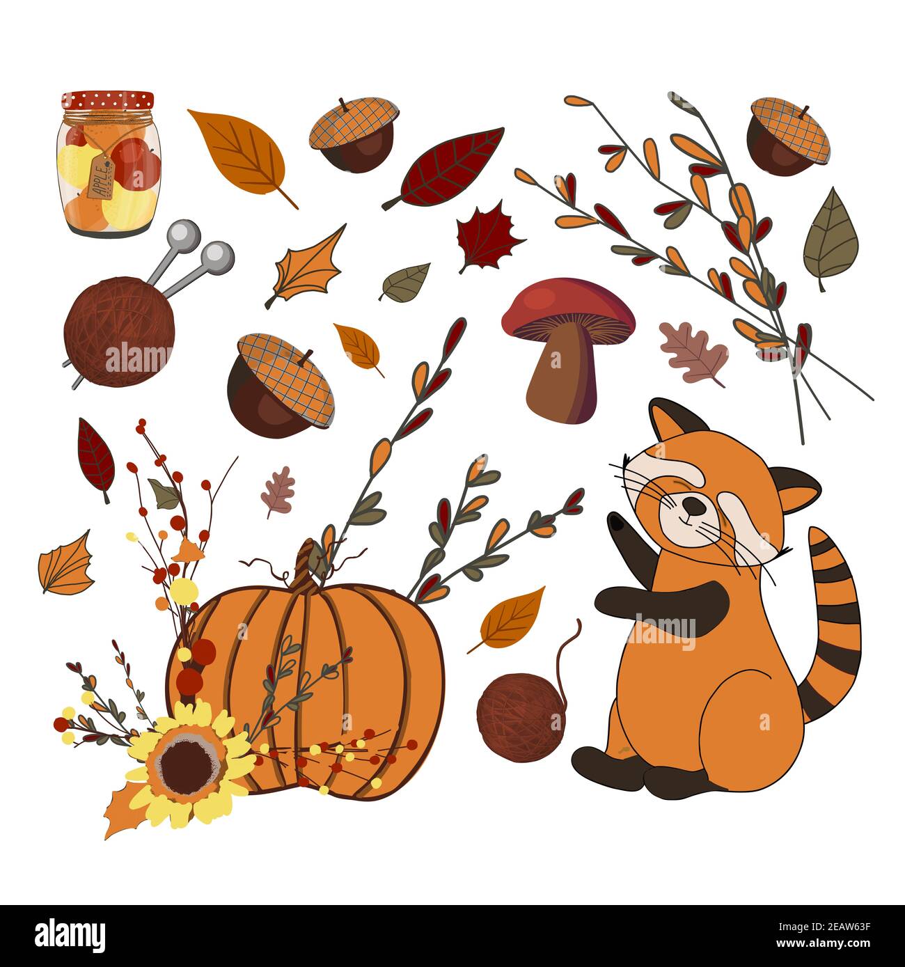 set of autumn icons. Autumn composition. Stickers. Cute red panda. Pumpkin. Harvest. Thanksgiving Day. Illustration isolated on white background Stock Photo