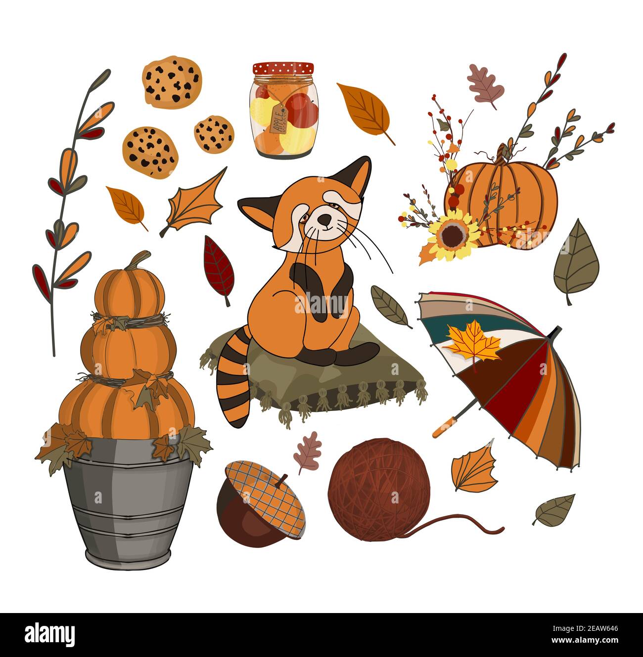 Thanksgiving day illustration. Hello, Autumn. Autumn stickers. set. Stock Photo