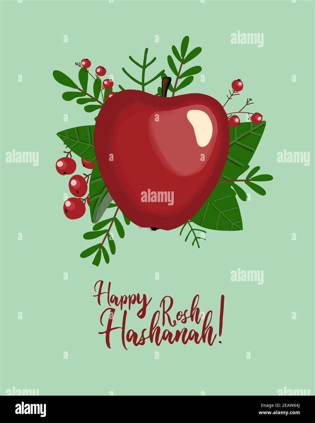 Autumn postcard. Red Apple. Autumn composition. Poster for the Jewish New Year. inscription happy rosh hashanah. Stock Photo