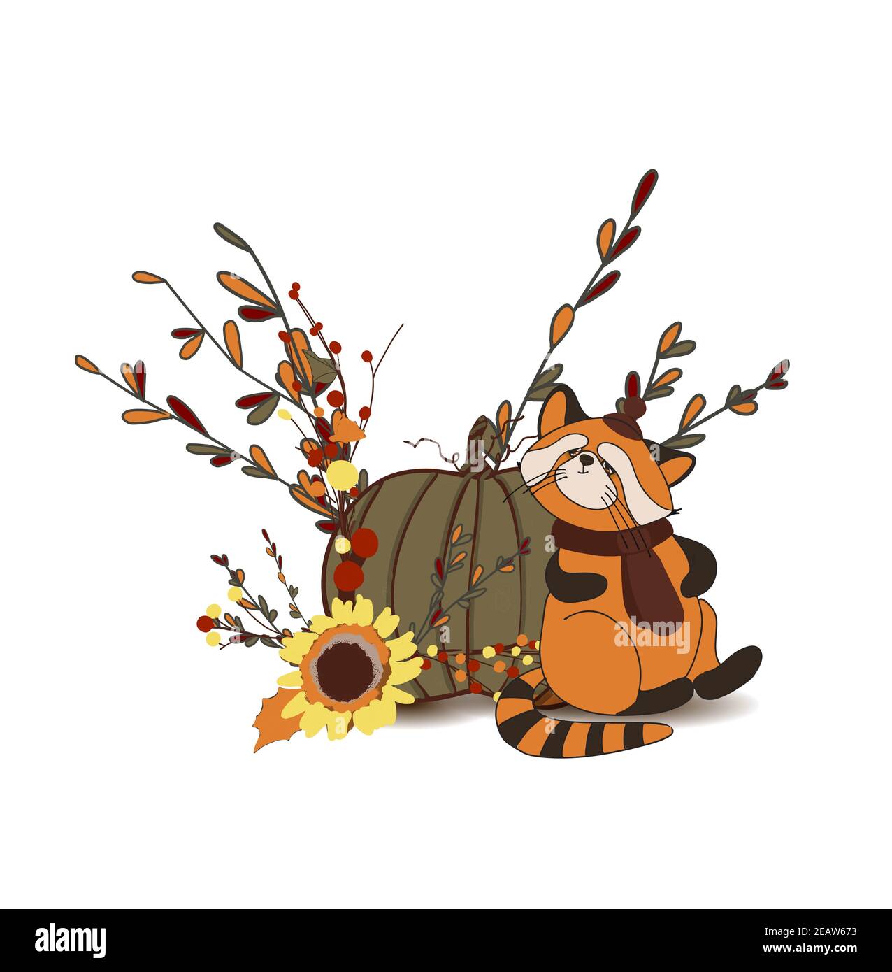 Autumn composition. Pumpkin and autumn twigs isolated on white background. Red panda character. Cute animals in a ha Stock Photo