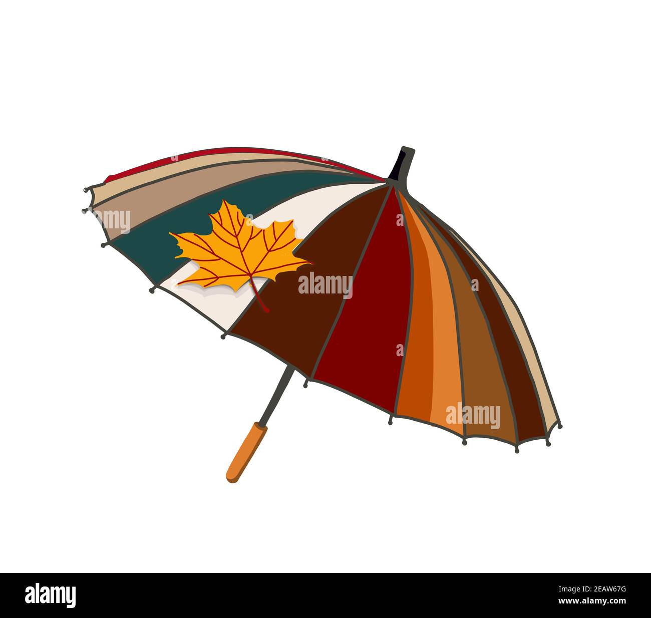 Umbrella with autumn leaves. Autumn season. The umbrella is isolated on a white background. illustration Stock Photo