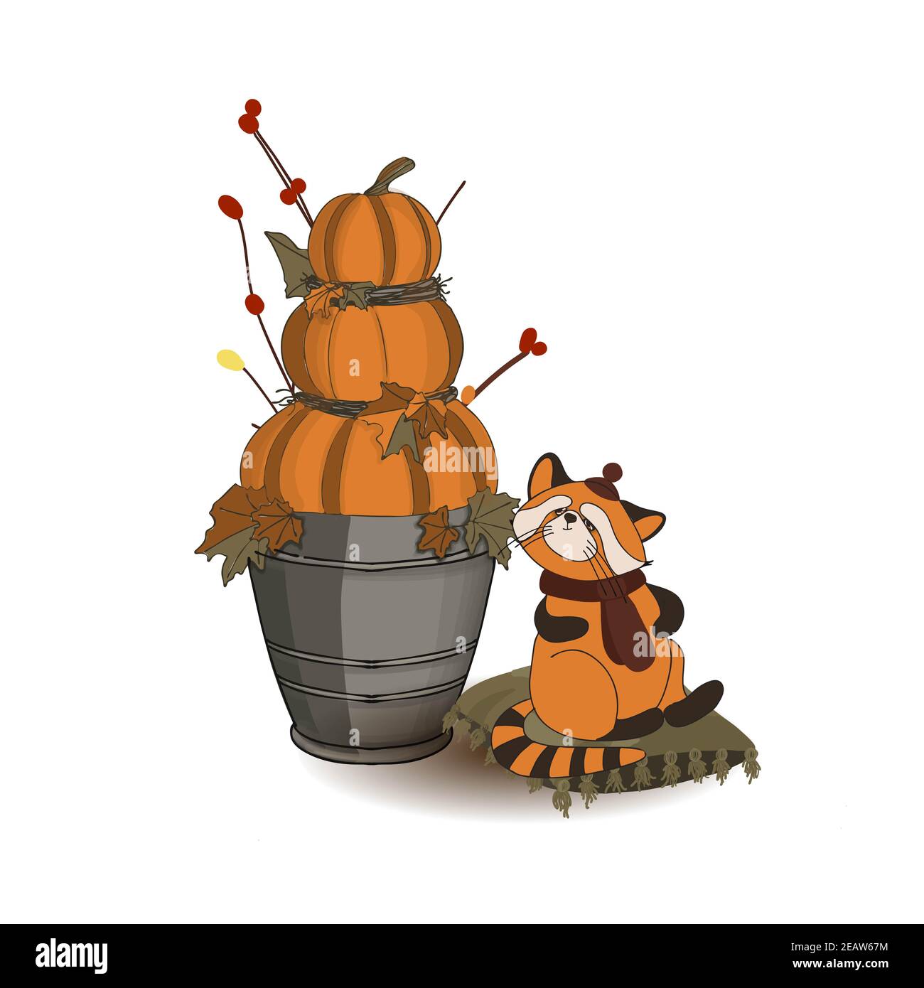 Autumn composition. Pumpkin and autumn twigs isolated on white background. Red panda character. Cute animals in a hat. Thanksgiving card Stock Photo
