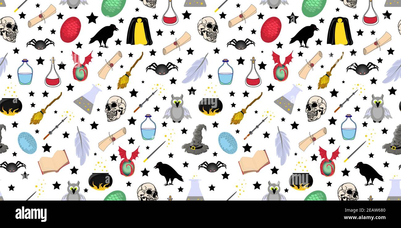 Seamless magic pattern. Halloween items and symbols. Magic wand and cloak of invisibility. School of magic and wizardry. Stock Photo