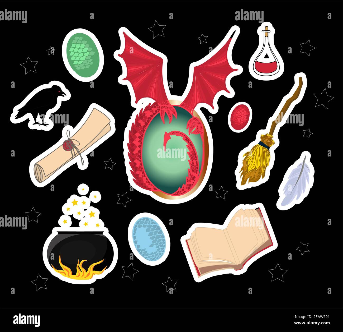 Magic stickers. I love magic. Witchcraft omens. Mystic. Magic wand, talking hat, parchment and dragon. Dragon eggs. Stock Photo