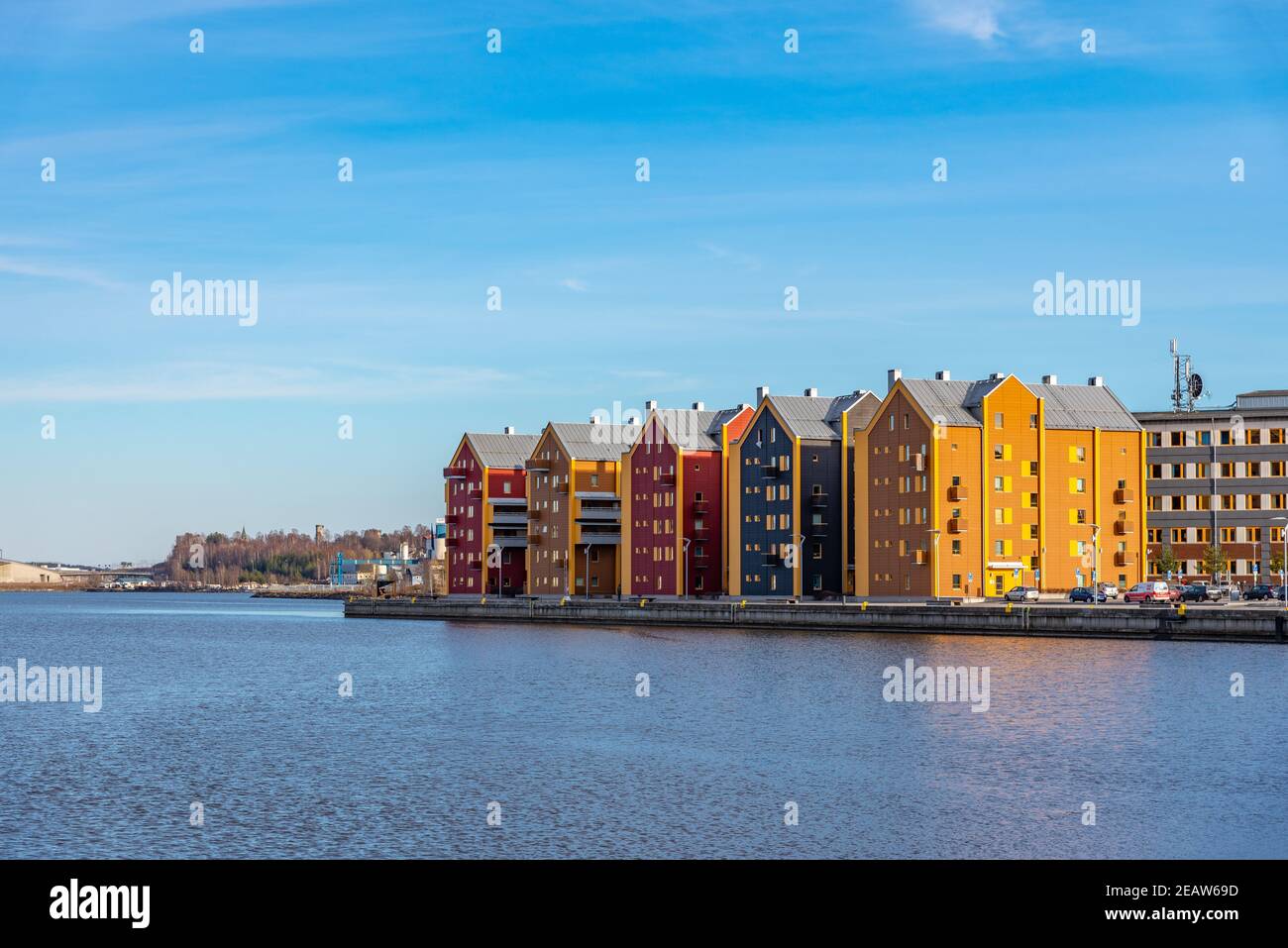 Residential buildings on shore of Bothnian bay at Sundsvall, Sweden Stock Photo