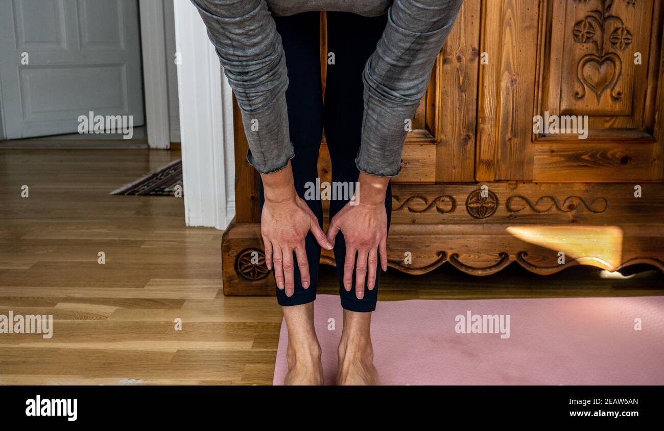 Healthy fit woman doing stretching exercise on yoga mat at home to self care, to reach feet with finger tips. Lean forward.Natural sun light. Stock Photo