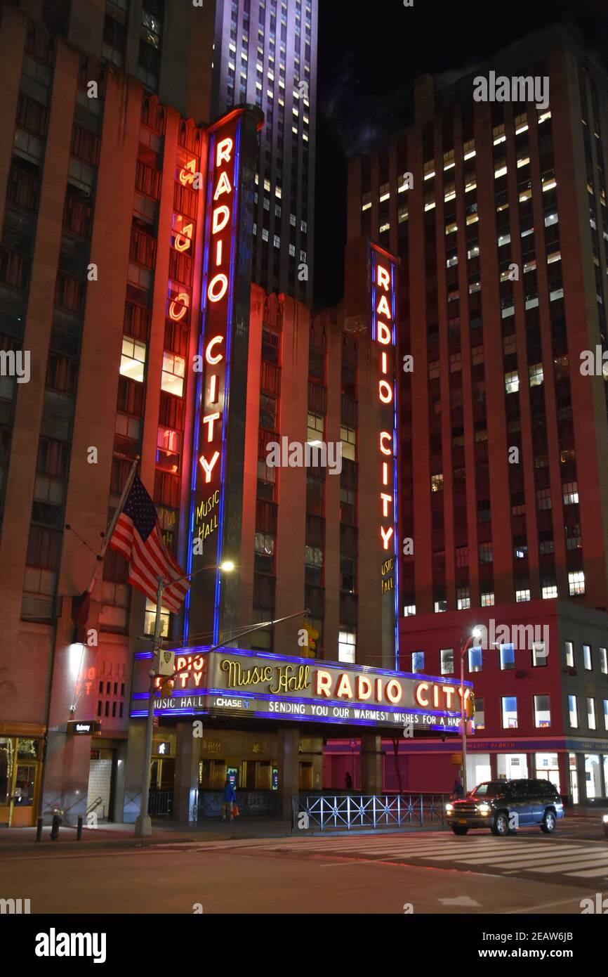 The iconic Radio City Music Hall sign at night Stock Photo - Alamy