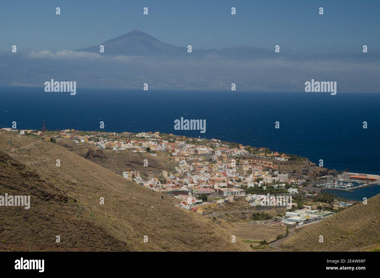 City of San Sebastian de La Gomera and island of Tenerife. Stock Photo