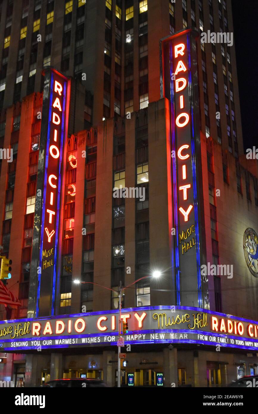 The iconic Radio City Music Hall sign at night Stock Photo - Alamy