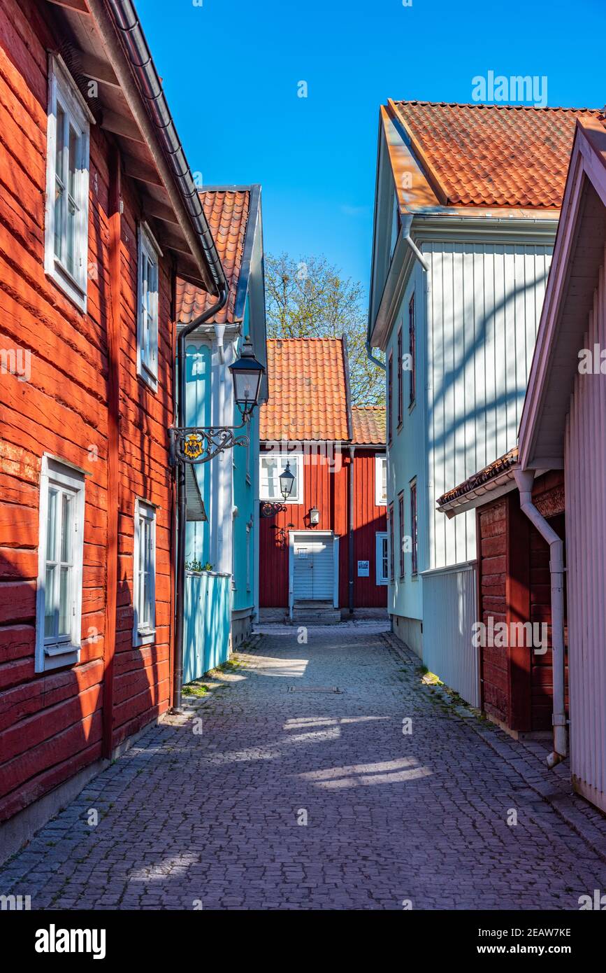 Beautiful old timber houses in Wadkoping historical quarter of Orebro
