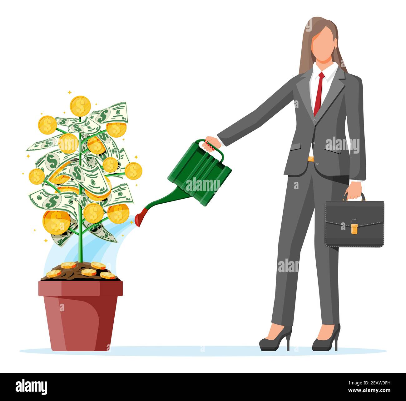 Businesswoman watering money coin tree. Growing money tree. Investment, investing. Gold coins and dollar banknotes on branches. Symbol of wealth. Business success. Flat vector illustration. Stock Vector