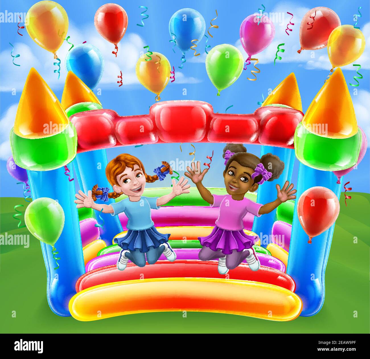 Bouncy house castle jumping girls kids cartoon stock vector image art