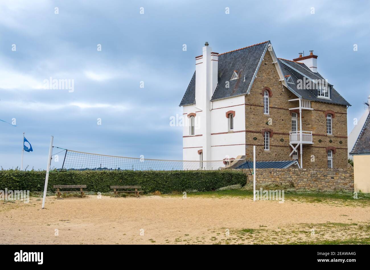 Roscoff, France - August 28, 2019: Cityscape with old residential buildings of Roscoff in Brittany Stock Photo
