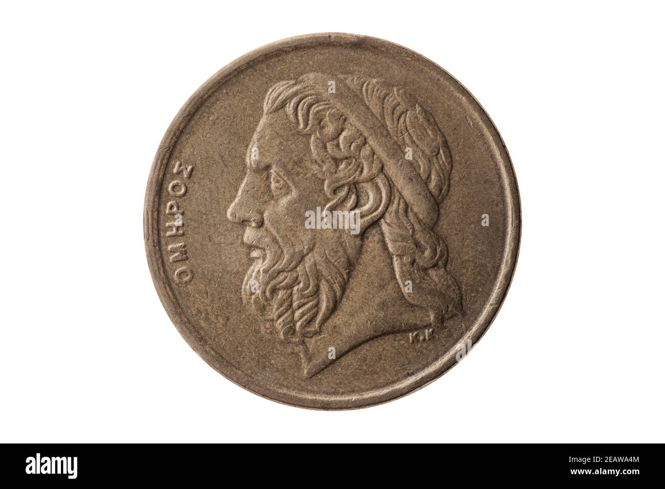 Greek 50 drachmas coin dated 1988 with a portrait image of Homer cut out and isolated Stock Photo