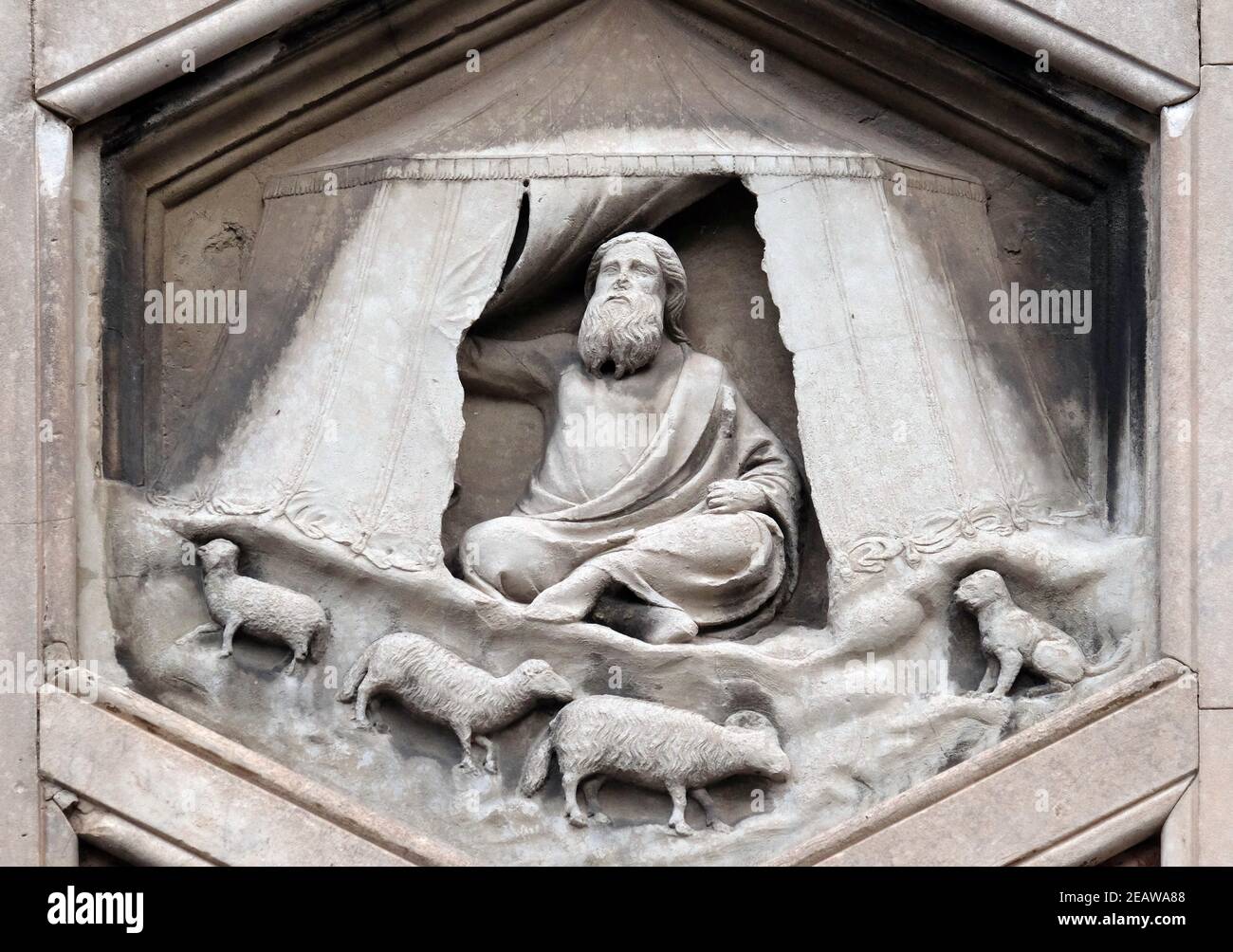 Jabal by Nino Pisano, 1334-36., Relief on Giotto Campanile of Cattedrale di Santa Maria del Fiore (Cathedral of Saint Mary of the Flower), Florence, Italy Stock Photo