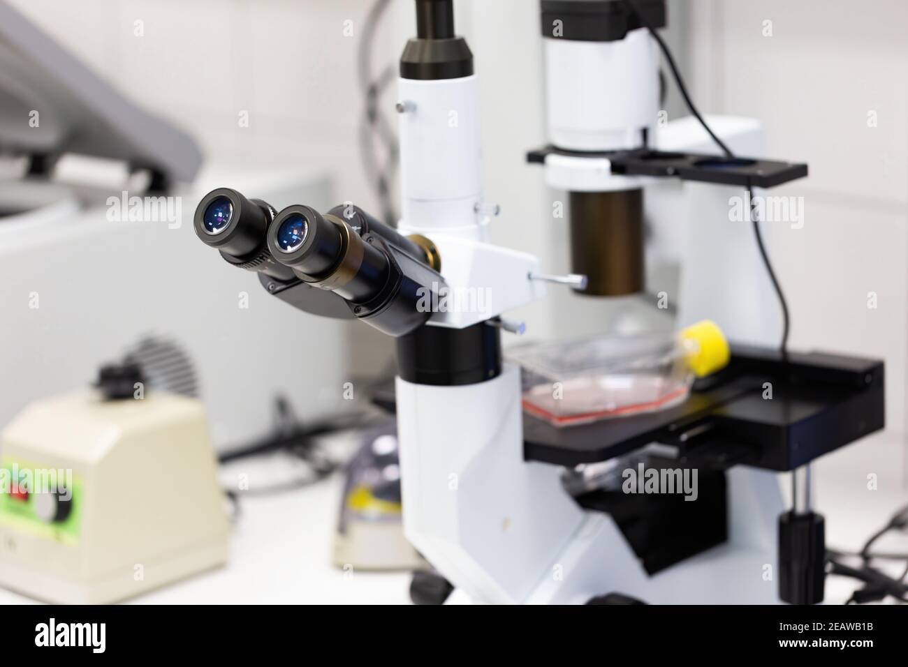 Microscope with two lenses inside medical laboratory Stock Photo Alamy