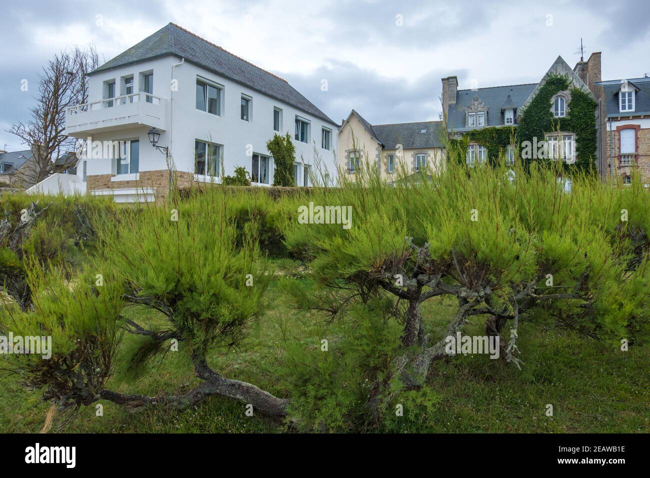 Roscoff, France - August 28, 2019: Cityscape with old residential buildings of Roscoff in Brittany Stock Photo