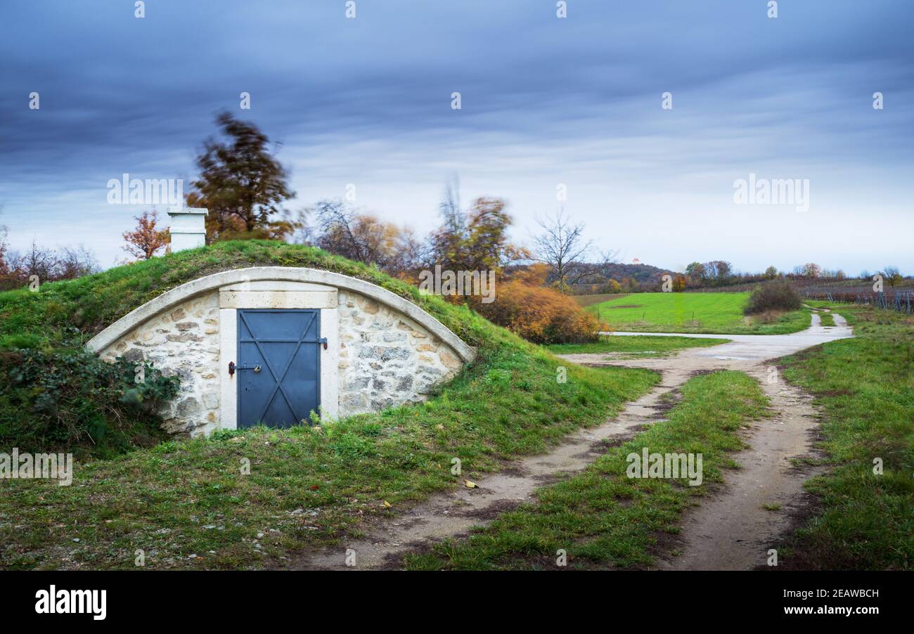 Wine cellar in Burgenland Austria and stormy weather Stock Photo