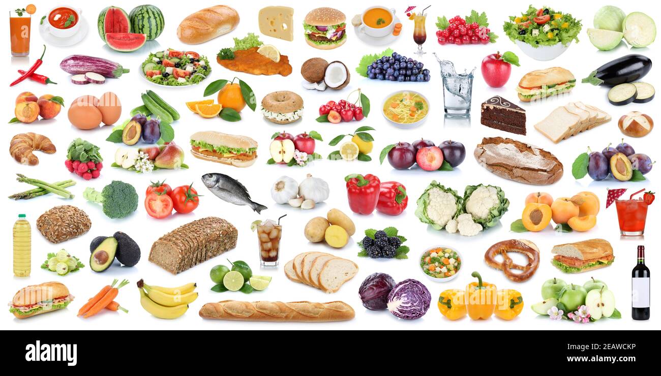 Food and drink collection background collage healthy eating panorama fruits vegetables fruit drinks isolated Stock Photo