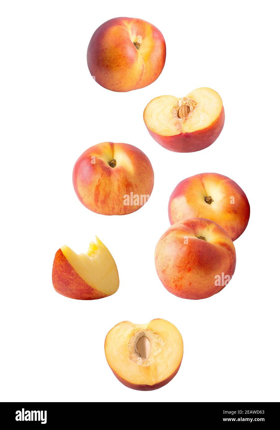 Falling sliced peach fruit isolated on white Stock Photo