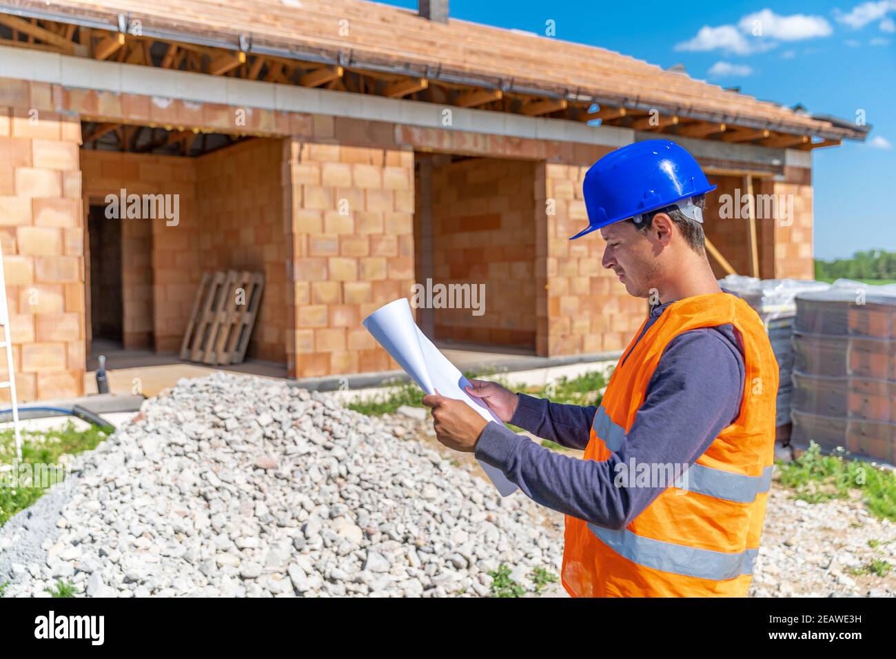 construction manager on the construction site of a family house Stock Photo