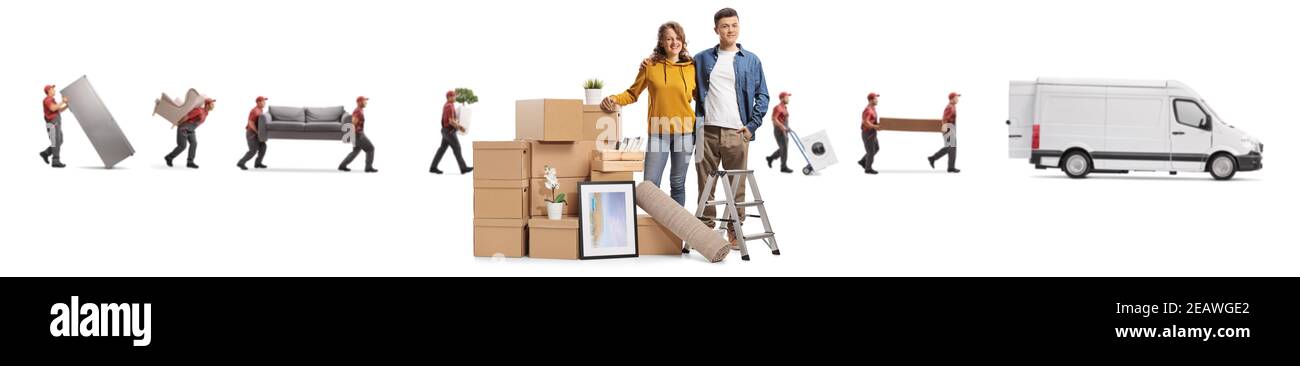 Young couple with a pile of cardboard boxes and workers from a moving company isolated on white background Stock Photo