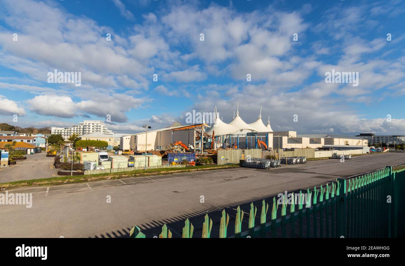 Demolition of the old swimming pool, which opened in 1987, taking place at Butlins in Bognor Regis, West Sussex, UK. Stock Photo