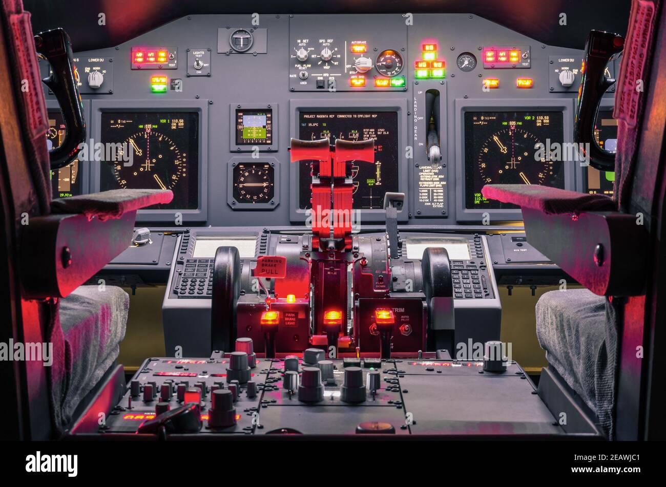 Cockpit of an homemade Flight Simulator - Concept of aerospace industry development - Flying simulation school for aviation learning pilots Stock Photo