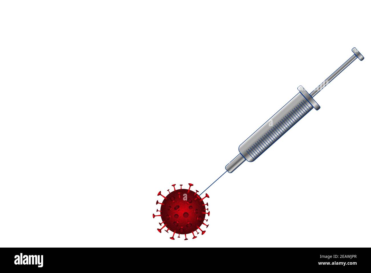A coronavirus vaccine syringe with the needle piercing a covid cell on a white background Stock Photo