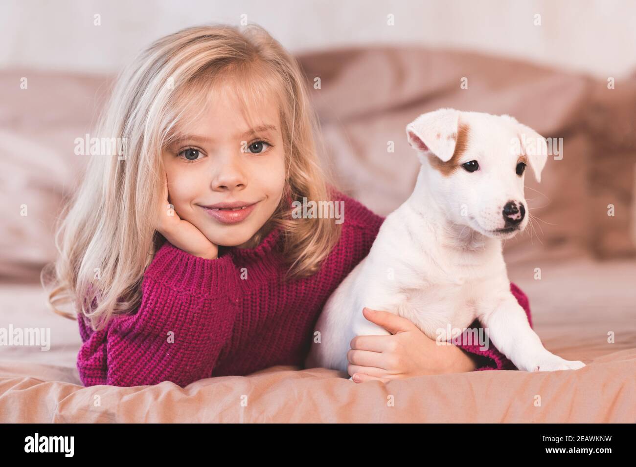 Smiling happy child girl 5-6 year old holding puppy dog lying in bed close up. Looking at camera. Childhood. Friendship. Stock Photo