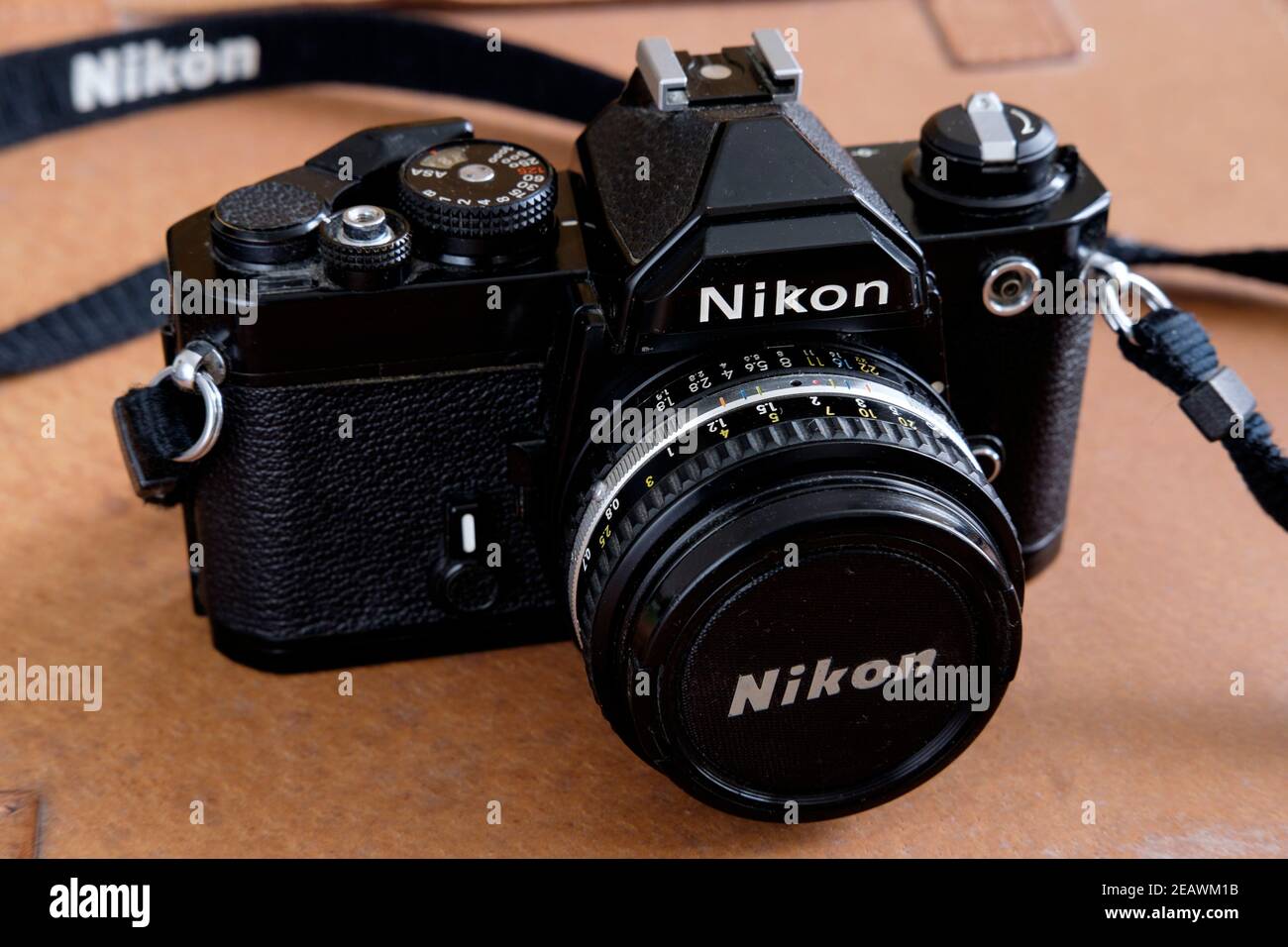 Nikon FM, classic 35mm SLR camera. Stock Photo